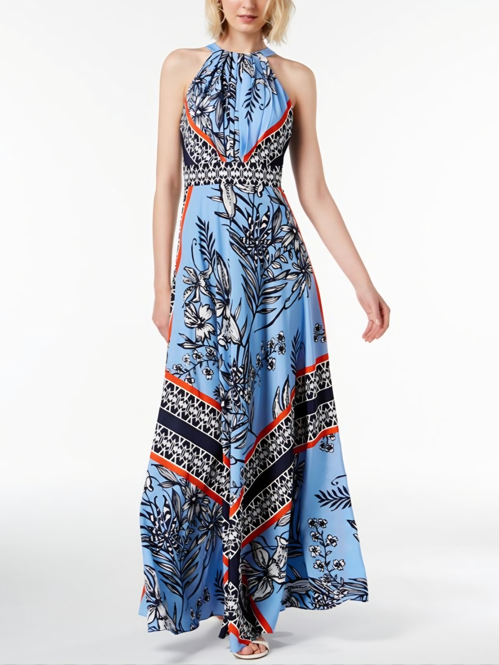 Halter Floral Print Maxi Dress in Light Blue